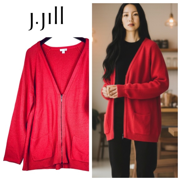 J Jill XL Tall 14 16 Sweater Cardigan Zip Up Coral Pockets V-Neck - Picture 1 of 5